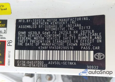 2013 Toyota Camry Le from USA, damaged, VIN 4T4BF1FK5DR290516